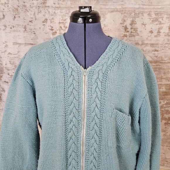 Vintage 1950s Cardigan Sweater Zipper Blue Acrylic Knit 50s Women's M - Picture 3 of 9